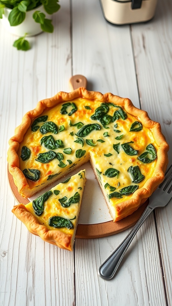 A slice of cottage cheese quiche with spinach and cheese, on a rustic table with a fork.
